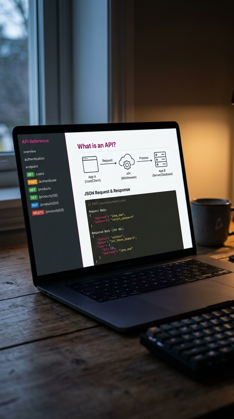 Documentation page titled What is an API? on a laptop screen