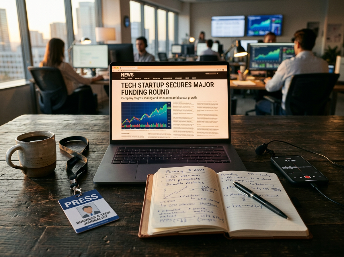 A business journalist's desk with a laptop showing a tech news article, notebook and press lanyard